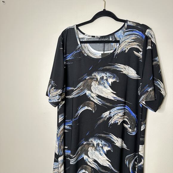 Attitudes by Renee Como Jersey Elbow Sleeve Maxi Dress 1X Petite Artsy Office - Picture 2 of 9